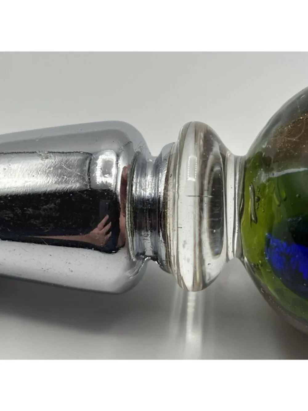 Art Glass Wine Bottle Stopper Topper Green Ball Glossy Bubbles Gold Blue Striped